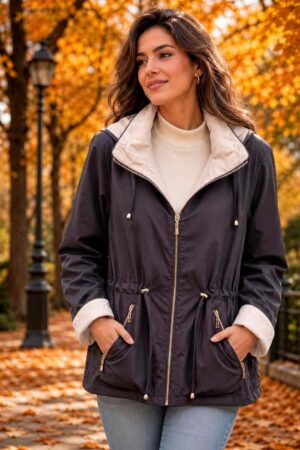 Parka cortavientos chocolate con detalles beige